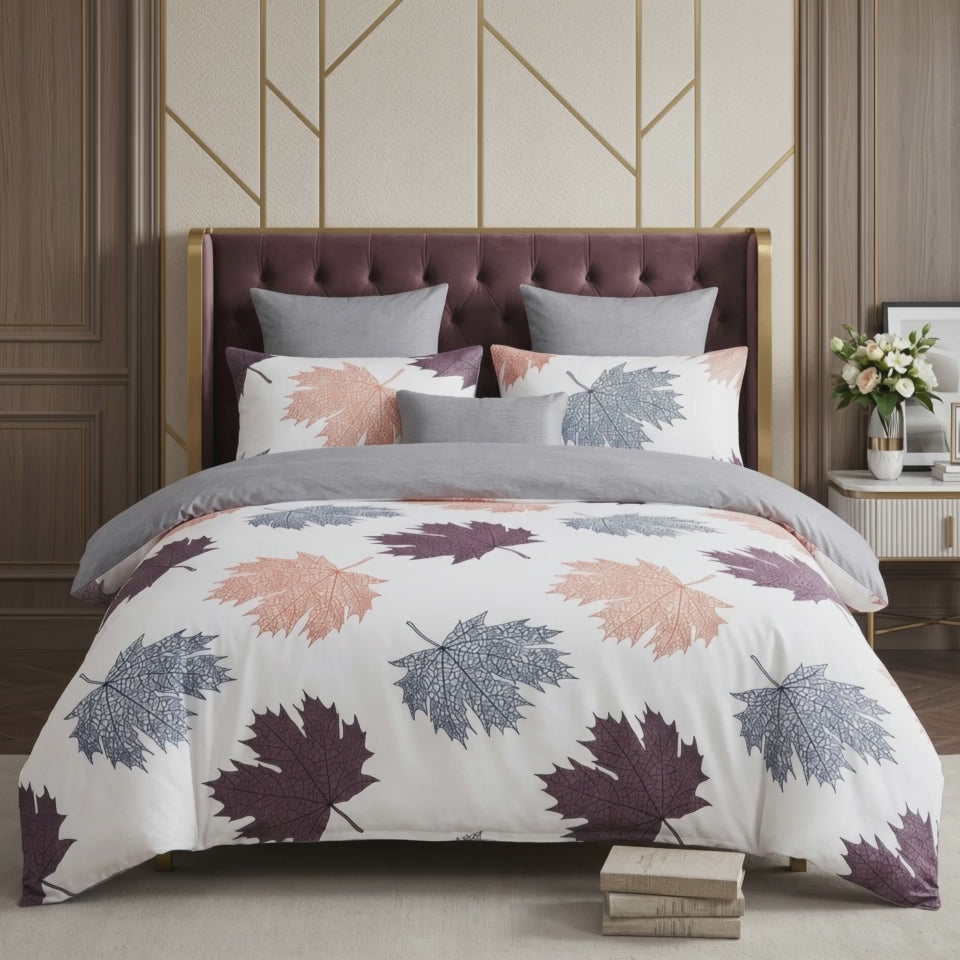 Pościel z mikrofibry dwustronna biała w liście i szara 200x220 4 el. z prześcieradłem Autumn Maple h1310