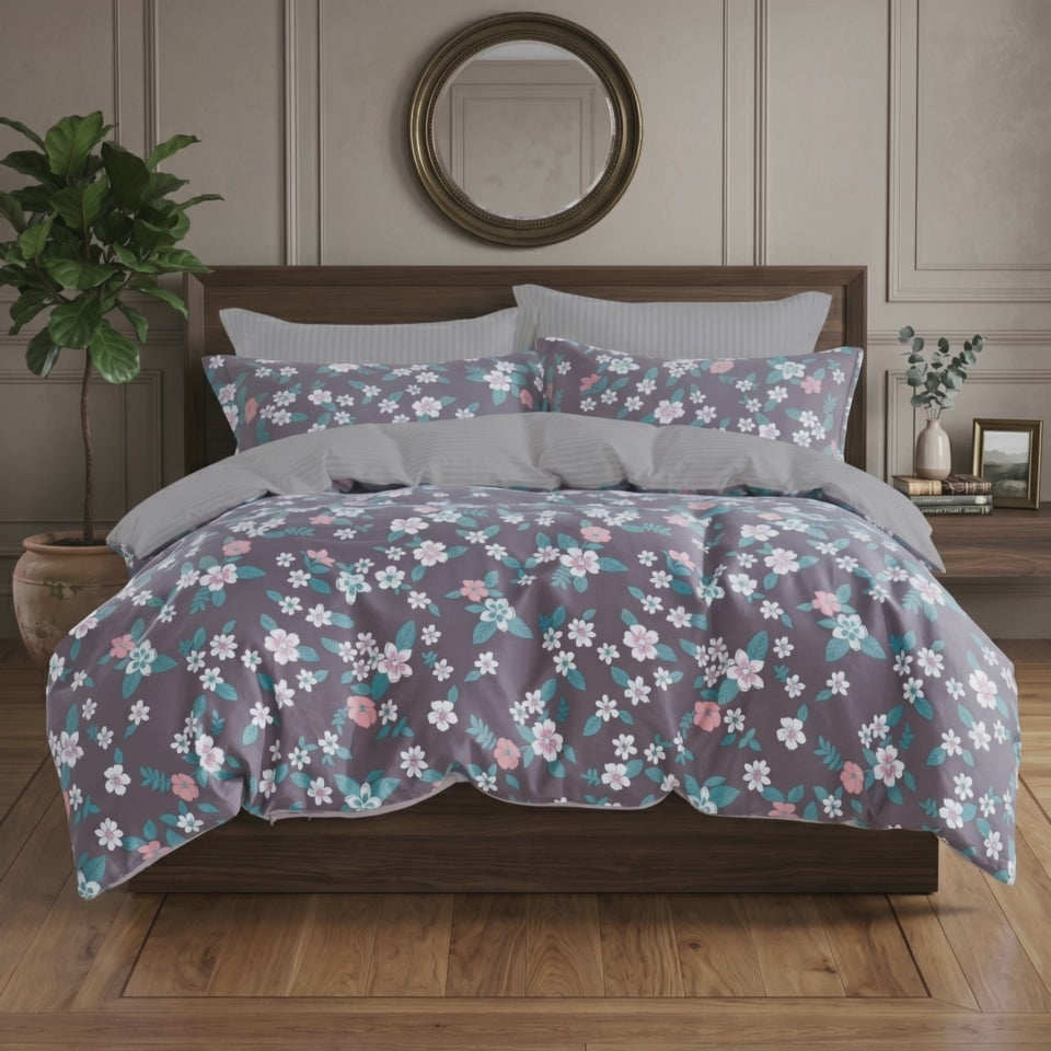 Pościel bawełniana dwustronna fioletowa w kwiaty  200x220 3 el. Blossom Dream m1558