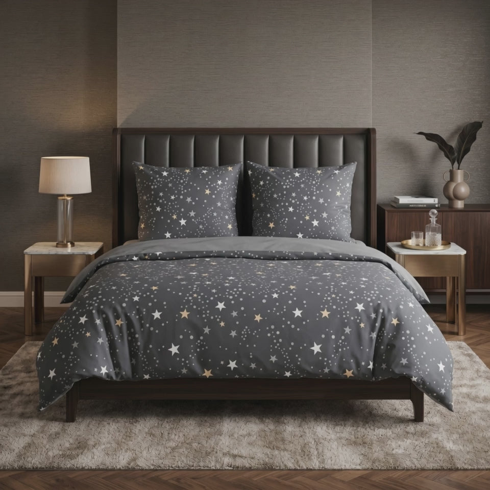 Pościel bawełniana dwustronna szara grafitowa w gwiazdki 160x200 3 el. Moonlight Stardust m1868