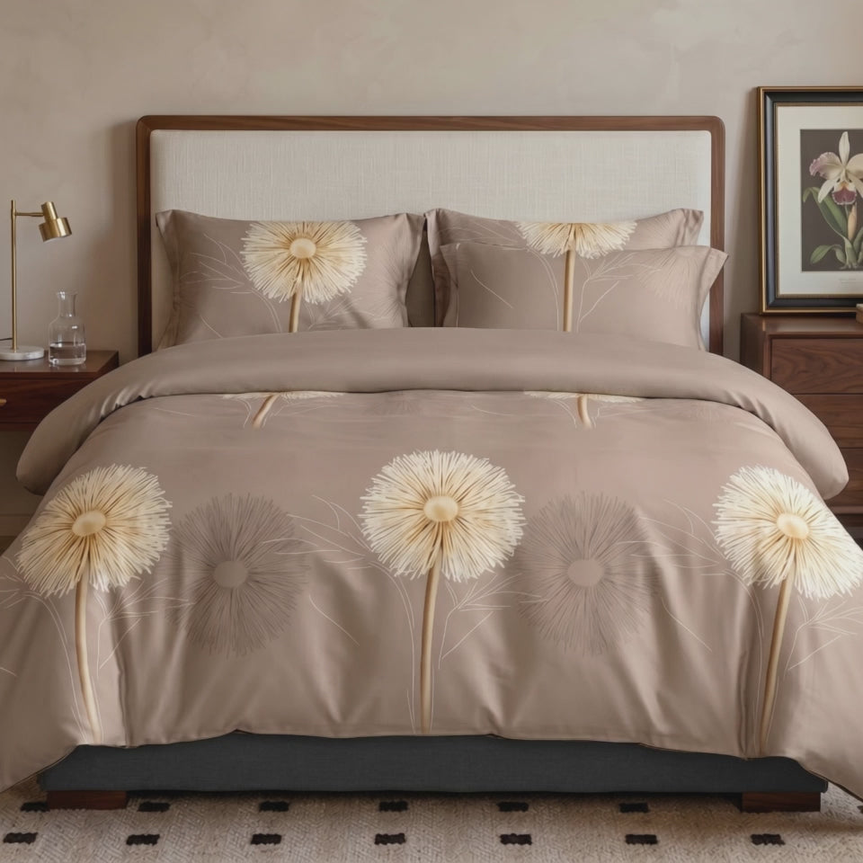 Pościel bawełniana beżowa w dmuchawce 180x200 3 el. Dandelia Beige m1955