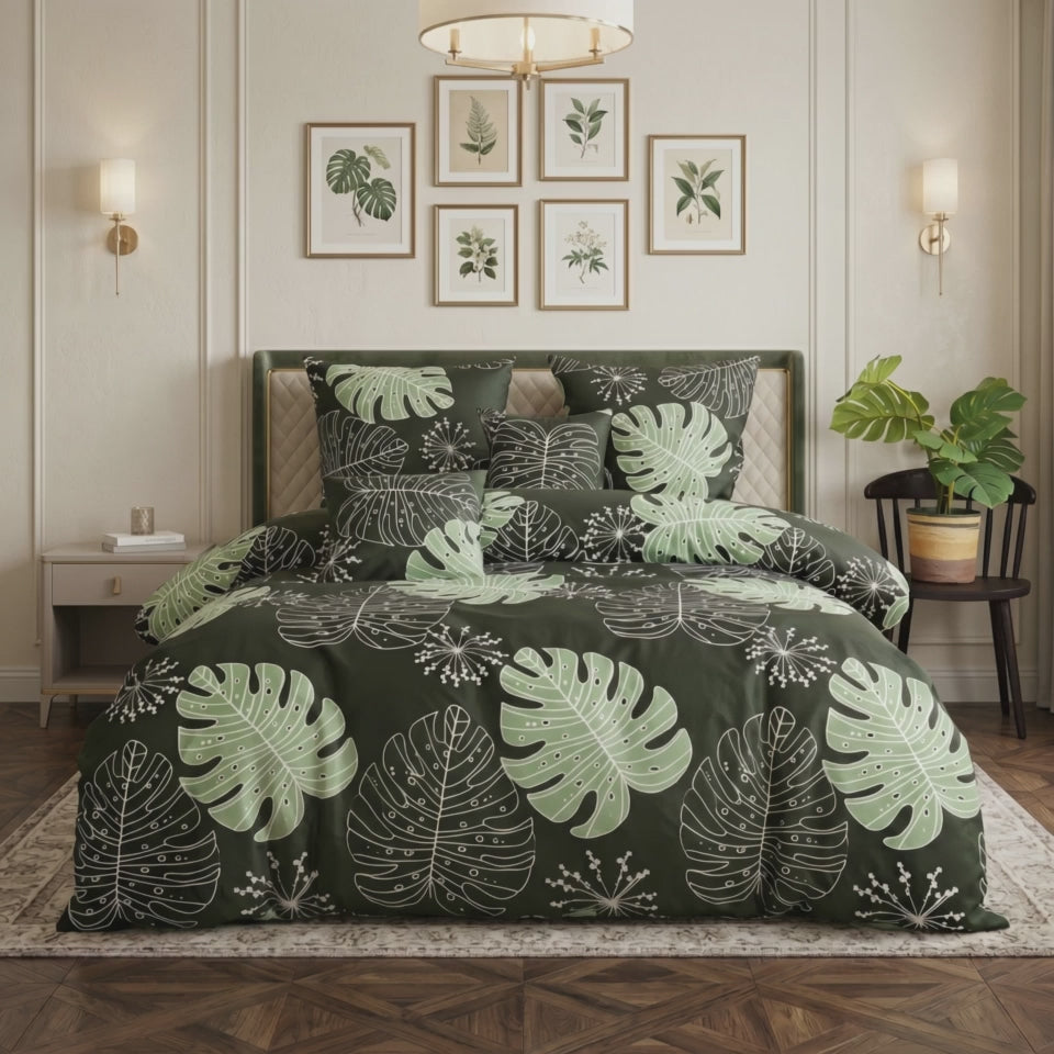 Pościel bawełniana zielona w liście monstery 180x200 3 el. Dis m1724
