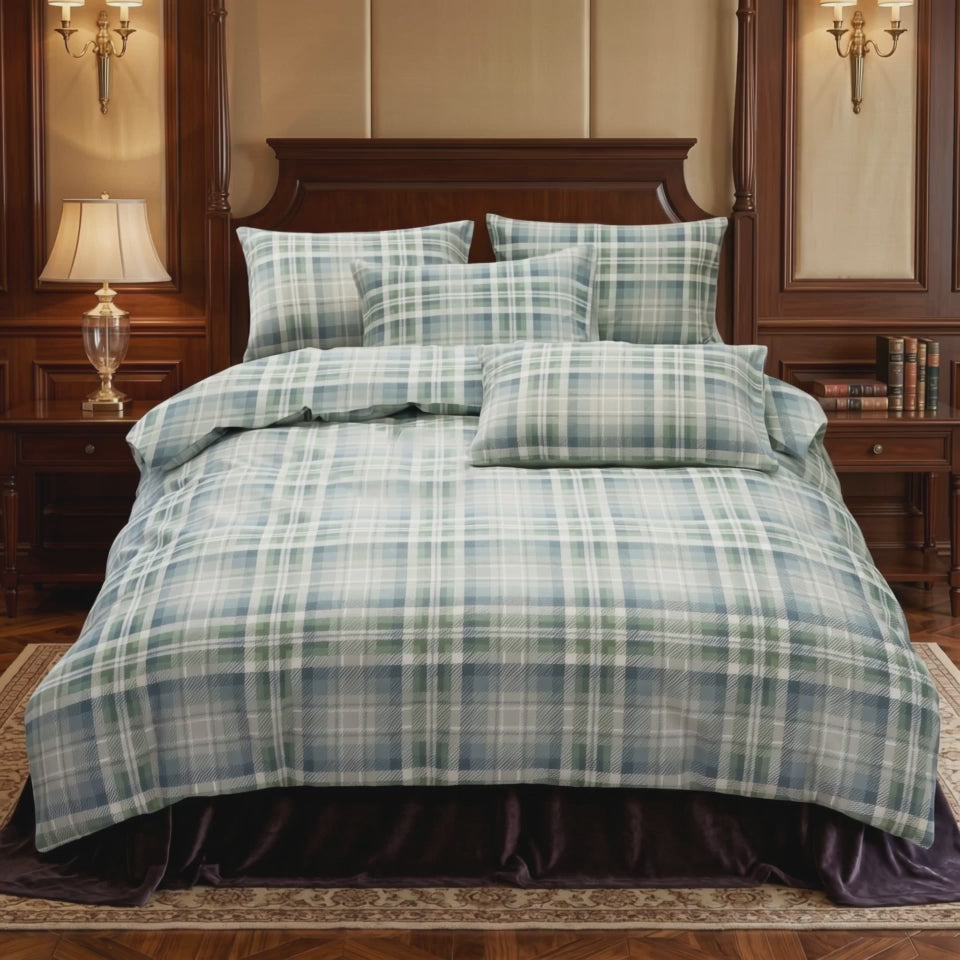 Pościel bawełniana zielona kremowa niebieska w kratę 160x200 3 el. Evermont Heritage Plaid m1795