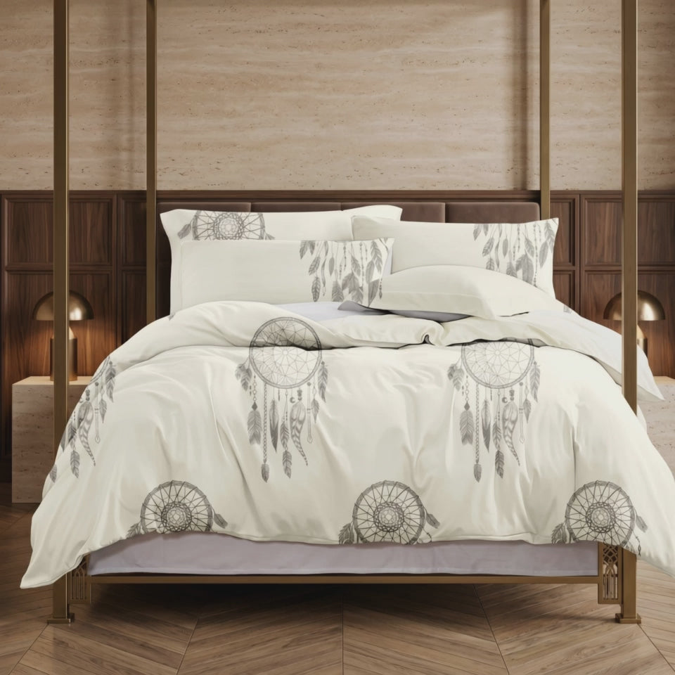 Pościel bawełniana beżowa kremowa łapacz snów 160x200 3 el. Velmora Dreamcatcher Ivory m1848