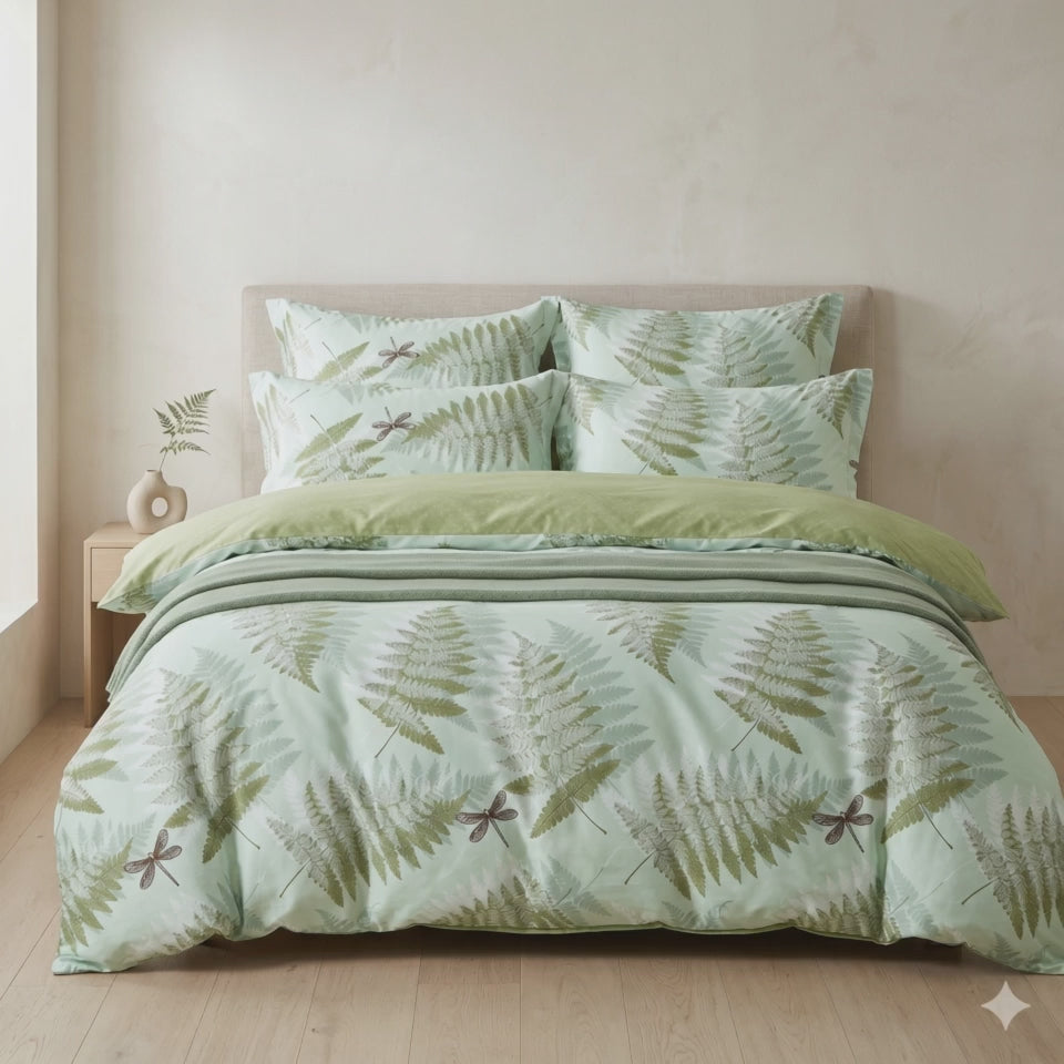 Pościel bawełniana dwustronna zielona w paprocie 160x200 3 el. Fern Harmony m1540