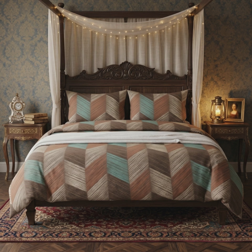 Pościel z mikrofibry brązowa beżowa w chevron 160x200 3 el. Rustic Chevron h1298