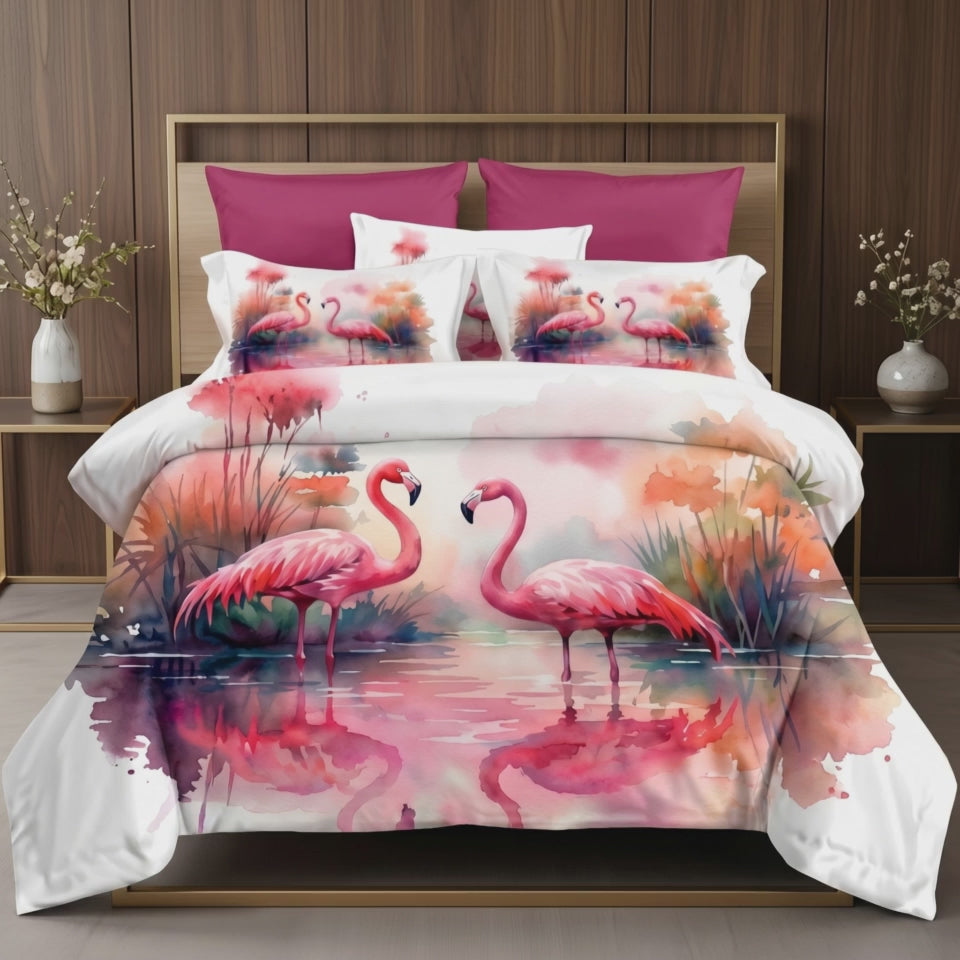 Pościel z mikrofibry biała w flamingi 140x200 2 el. Flamingo Serenade h1570