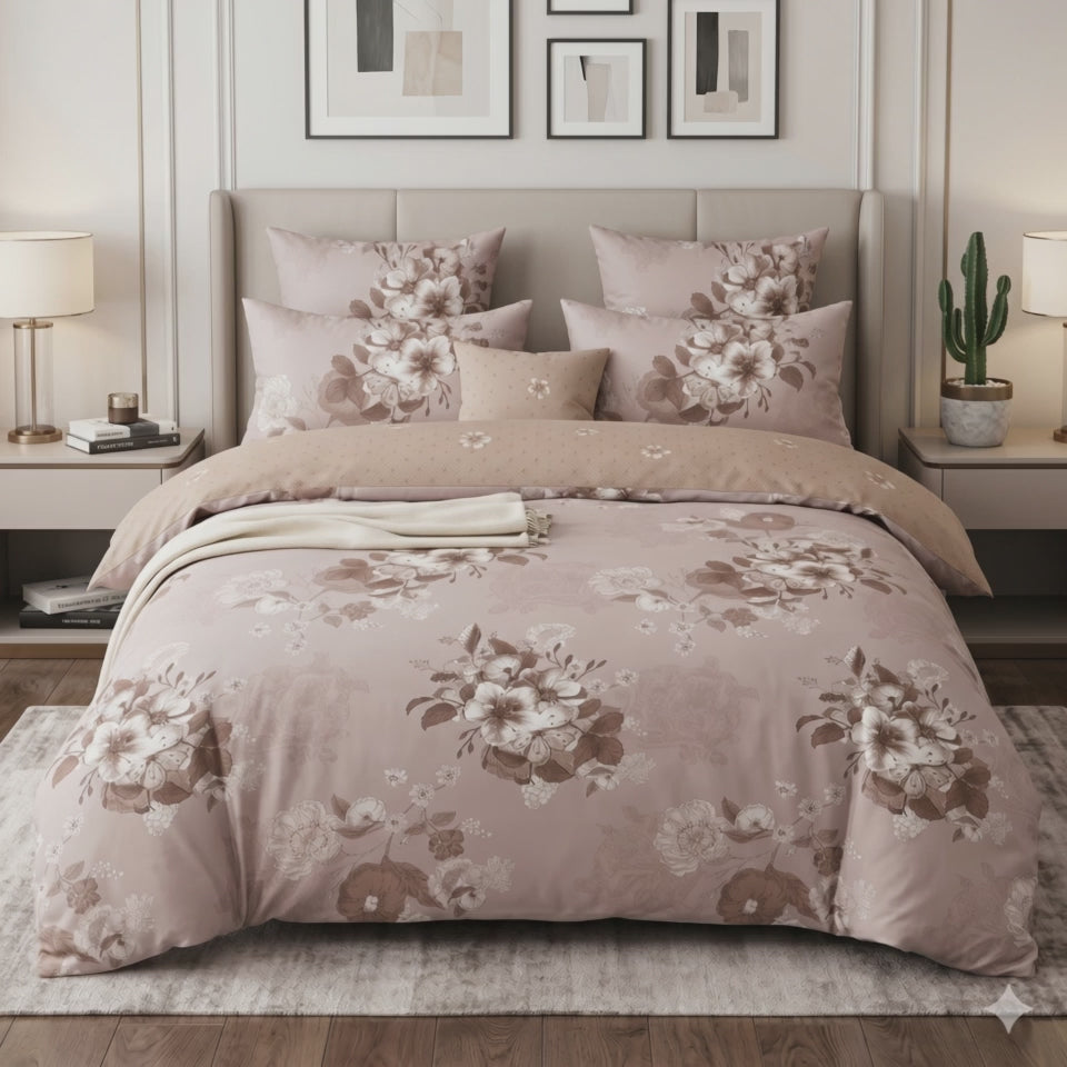 Pościel z mikrofibry dwustronna beżowa w kwiaty 200x220 3 el. Blush Petals h1651