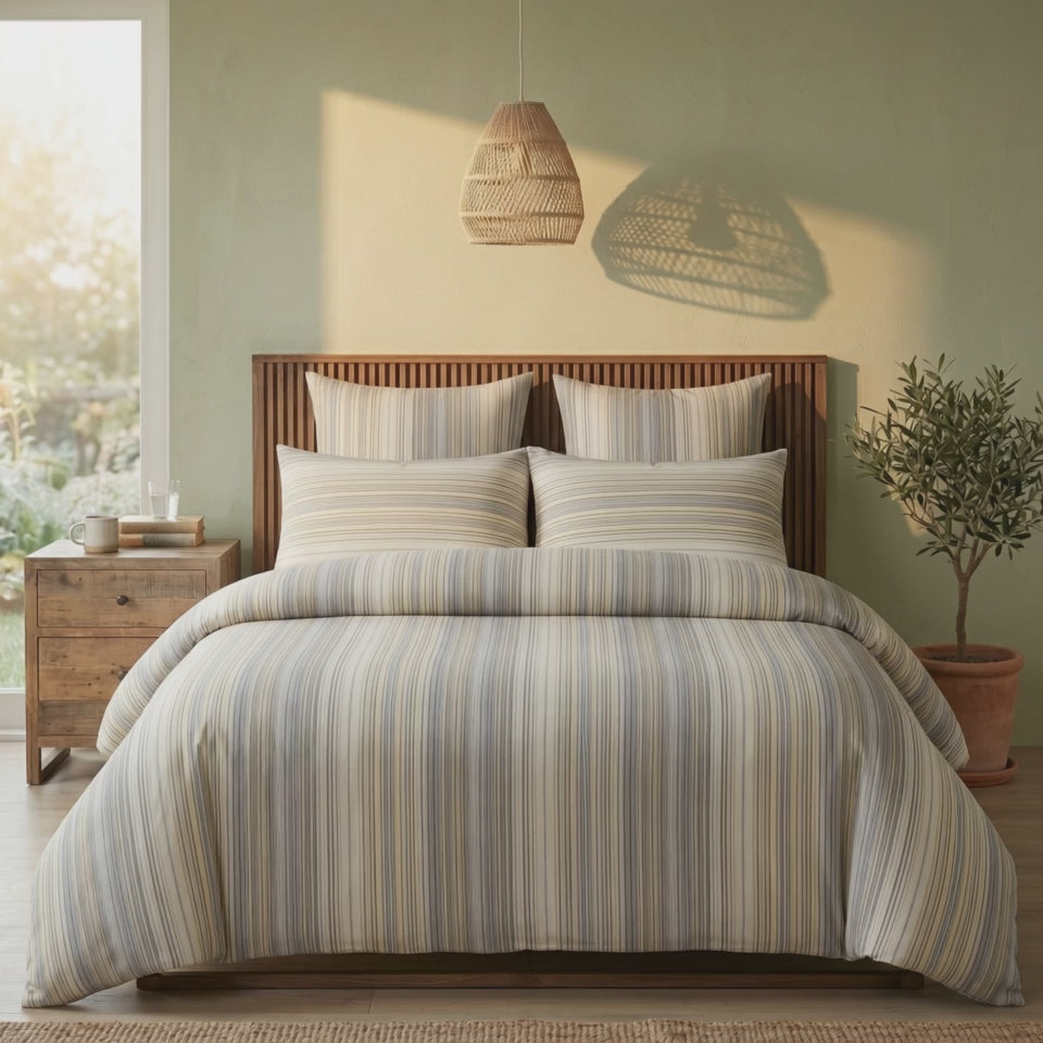 Pościel bawełniana beżowa szara w pasy linie 200x220 3 el. Nordelia Sand Stripe m1790