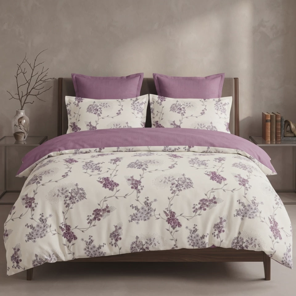 Pościel z mikrofibry dwustronna w kwiaty i lawendowa 200x220 3 el. Violet Serenity h1692