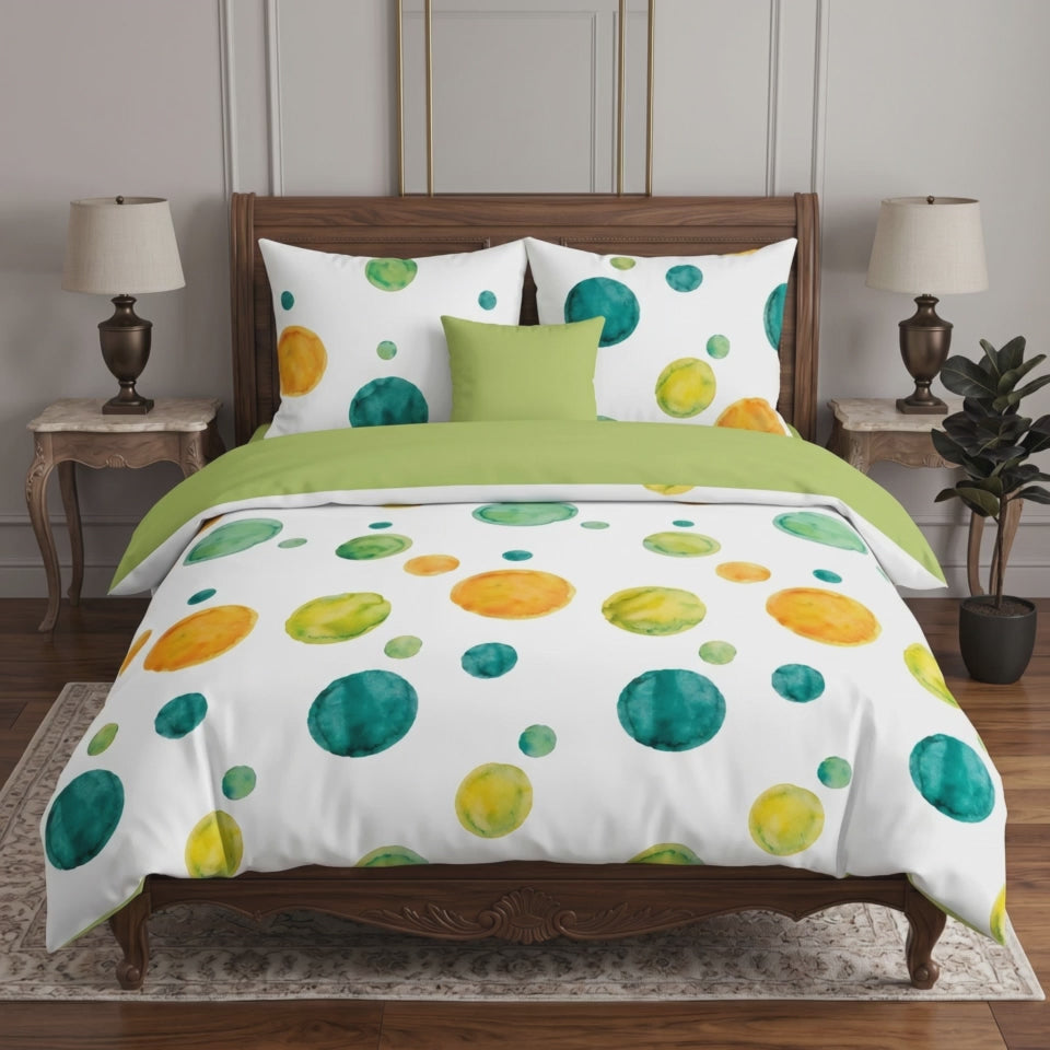 Pościel z mikrofibry dwustronna biała w kropki i zielona 200x220 4 el. z prześcieradłem Citrus Dots h1289