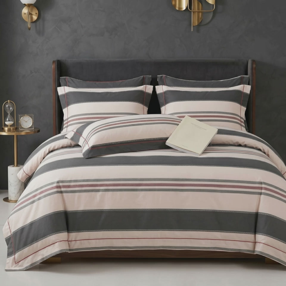 Pościel bawełniana kremowa beżowa w pasy 160x200 3 el. Lunavelle Blush Stripes m1831