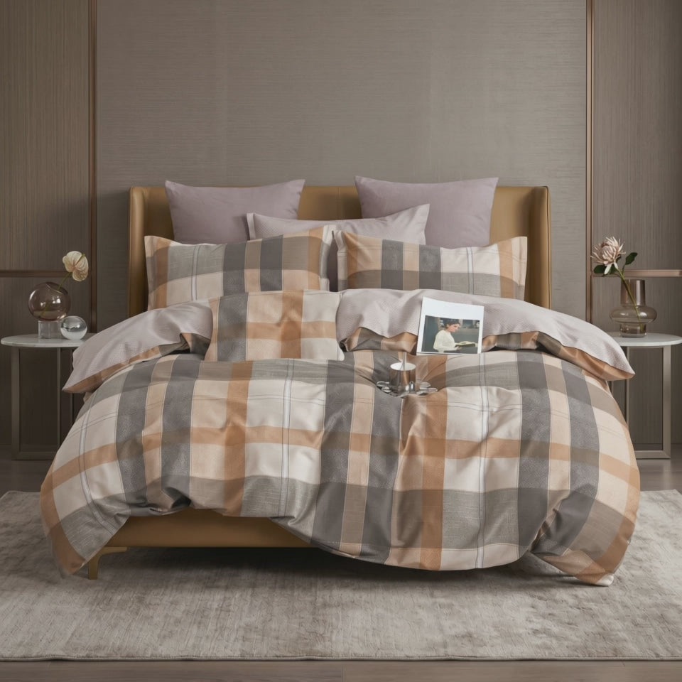 Pościel bawełniana dwustronna beżowa brązowa w kratę 200x220 3 el. Caldore Beige Harmony m1815