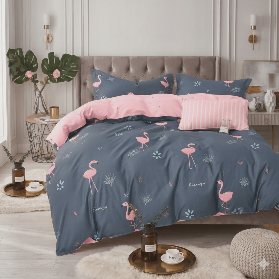 Pościel bawełniana dwustronna różowo granatowa we flamingi 160x200 3 el. Flamingo m1148