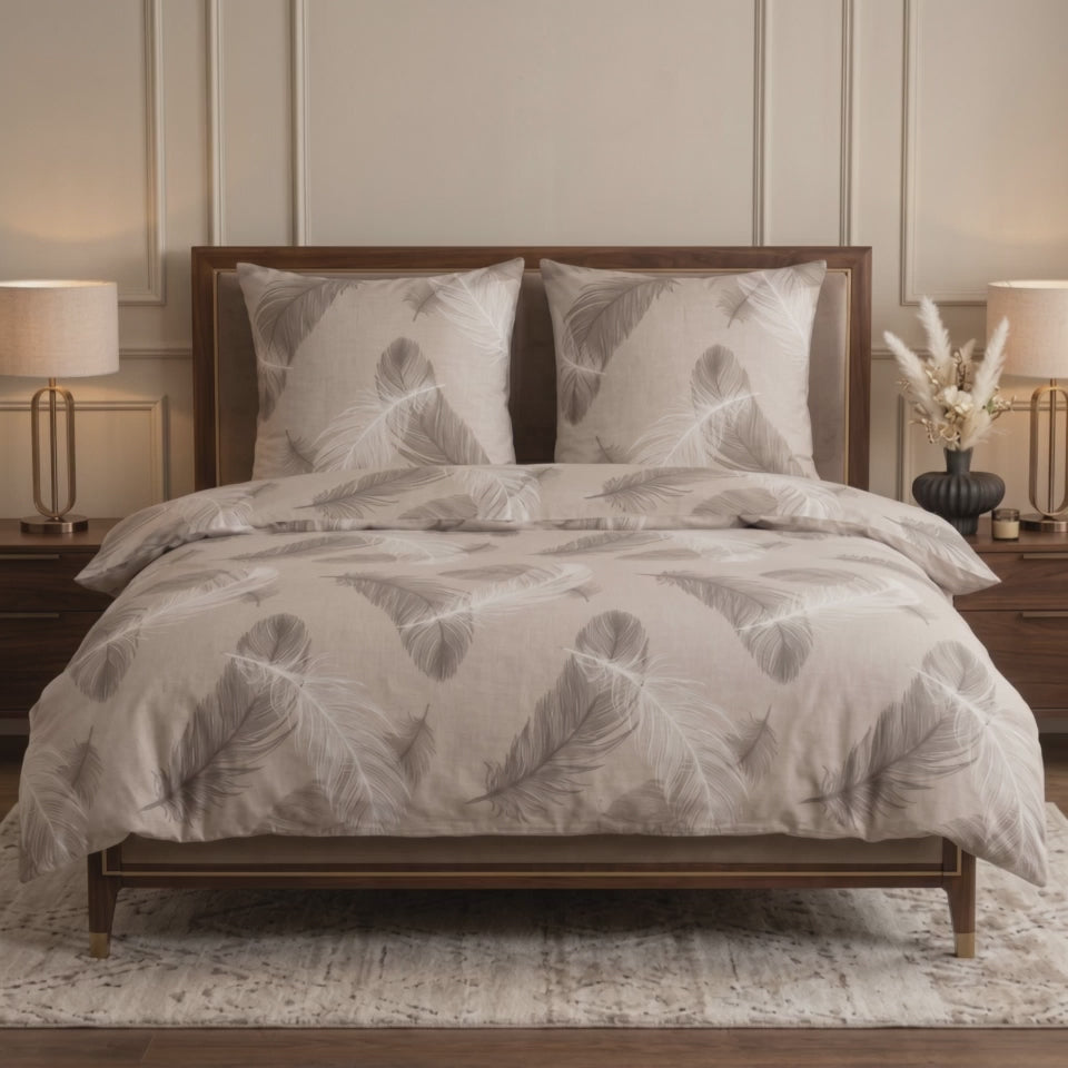 Pościel bawełniana beżowy w pióra 160x200 3 el. Feathera Beige m2039
