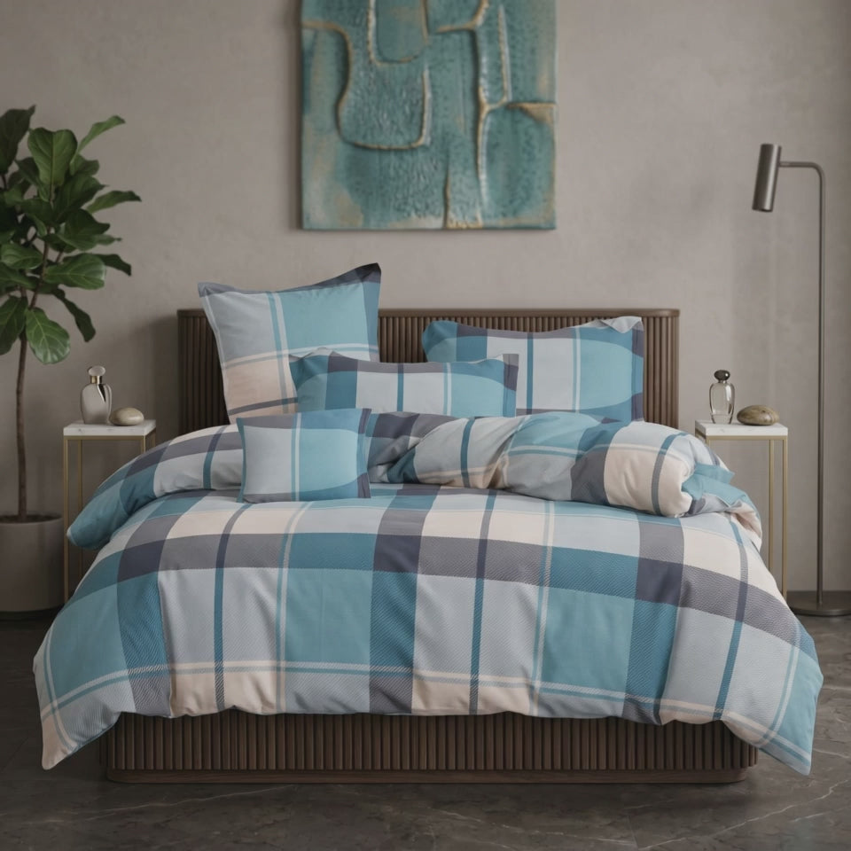 Pościel bawełniana niebieska szara jasna w kratę 200x220 3 el. Azure Tartan Breeze m1869