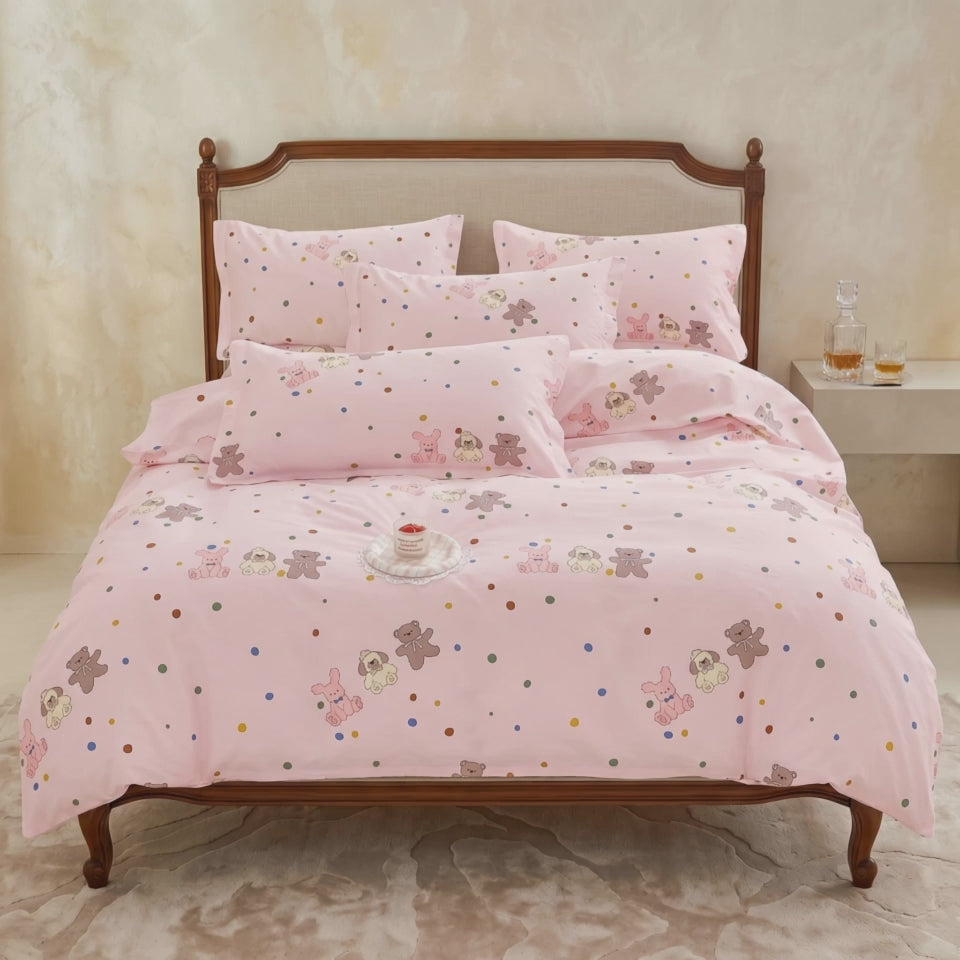 Pościel bawełniana różowa w misie 160x200 3 el. Lunelle Teddy Pink m1853