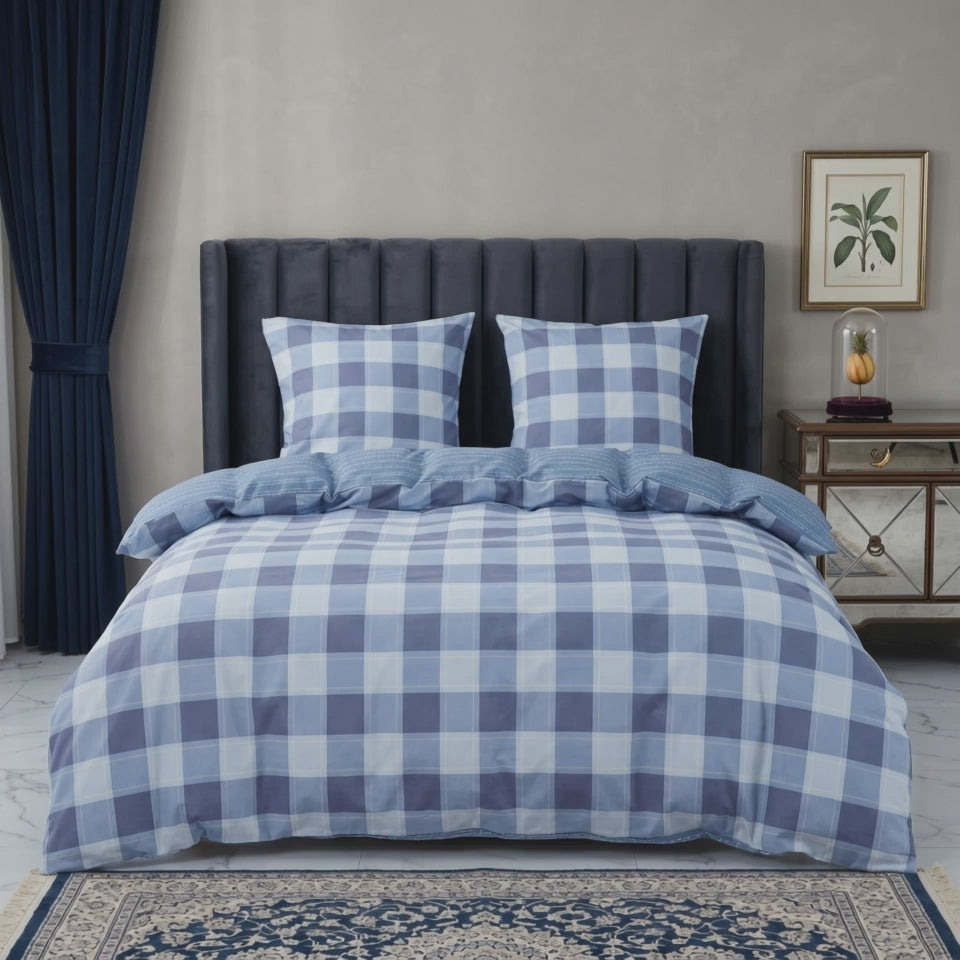 Pościel bawełniana dwustronna niebieska w kratę 160x200 3 el. Bluemont Classic Check m1805