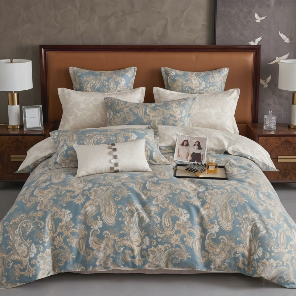 Pościel bawełniana dwustronna niebieska złota w ornament paisley 160x200 3 el. Royal Paisley Azure m1877