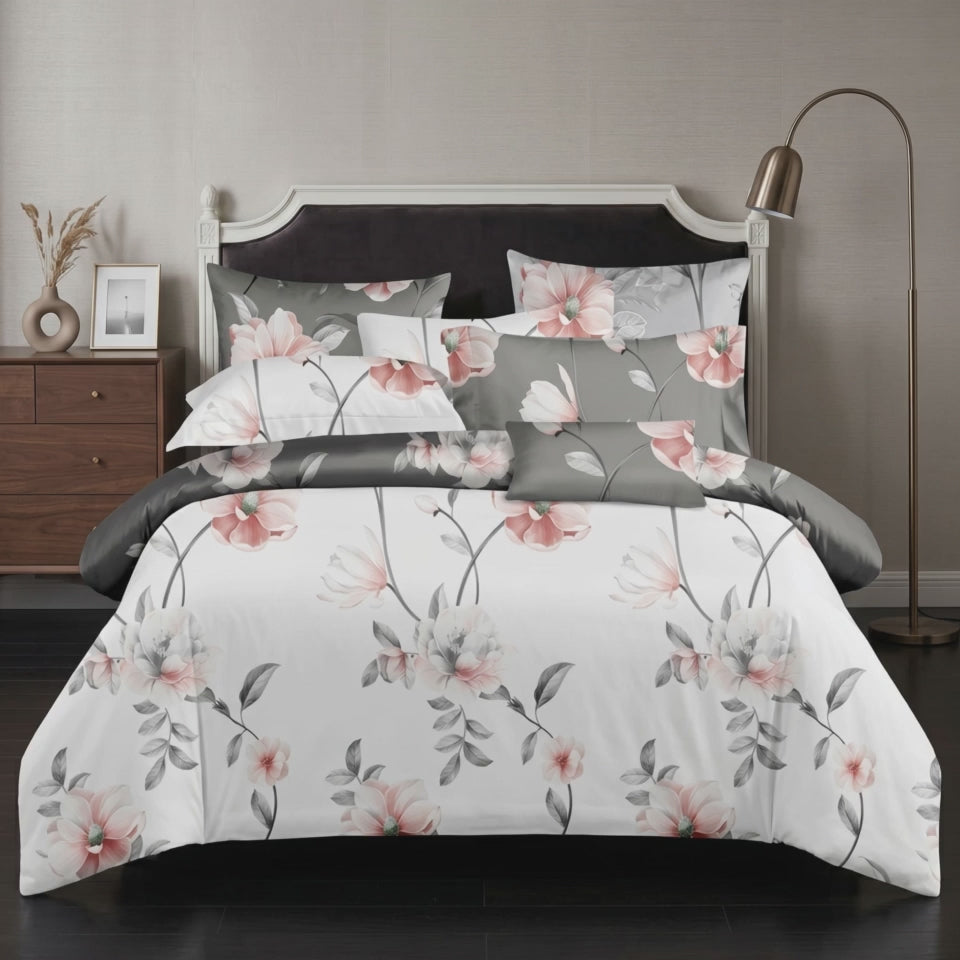 Pościel bawełniana dwustronna biała szara w kwiaty 200x220 3 el. Blush Magnolia m1895