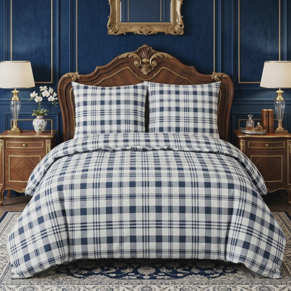 Pościel bawełniana biały granatowy szary w kratę  160x200 3 el. Royal Tartan m1569