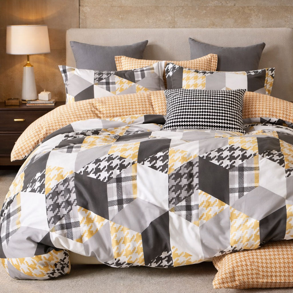 Pościel bawełniana szaro pomarańczowa dwukolorowa we wzorki geometryczna Fixly 160x200 3 el. Mil-X02