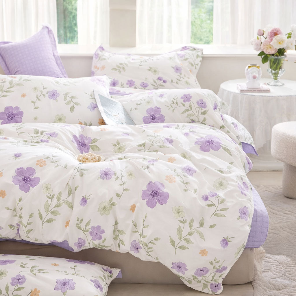 Pościel bawełniana biało-fioletowa w kwiaty dwukolorowa Trixi 160x200 3 el. Mil-X03