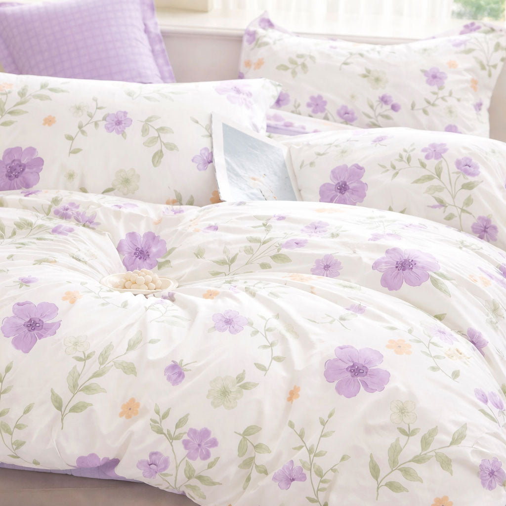 Pościel bawełniana biało-fioletowa w kwiaty dwukolorowa Trixi 160x200 3 el. Mil-X03