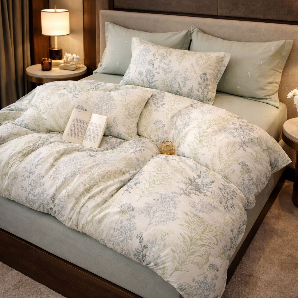 Pościel bawełniana biało-zielona w motyw leśny roślin kwiatów Dolly 200x220 3 el. Mil-X07