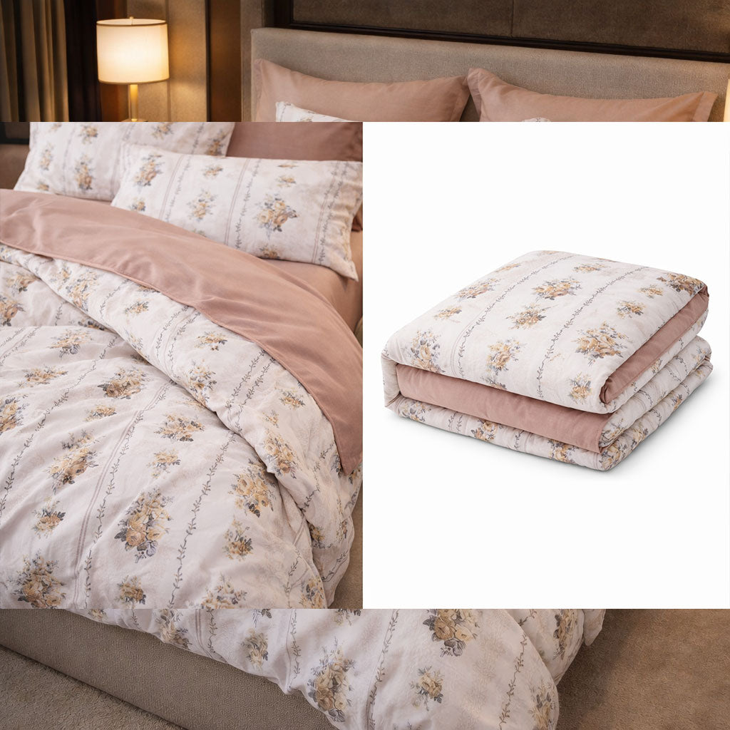 Pościel bawełniana w kwiaty biały pudrowy róż dwukolorowa 200x220 3 el. Mil-X08