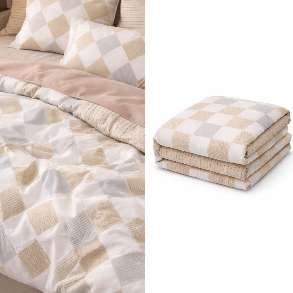 Pościel bawełniana kremowo-niebieska jasna dwustronna pasy i krata Sith 200x220 3 el. Mil-X09