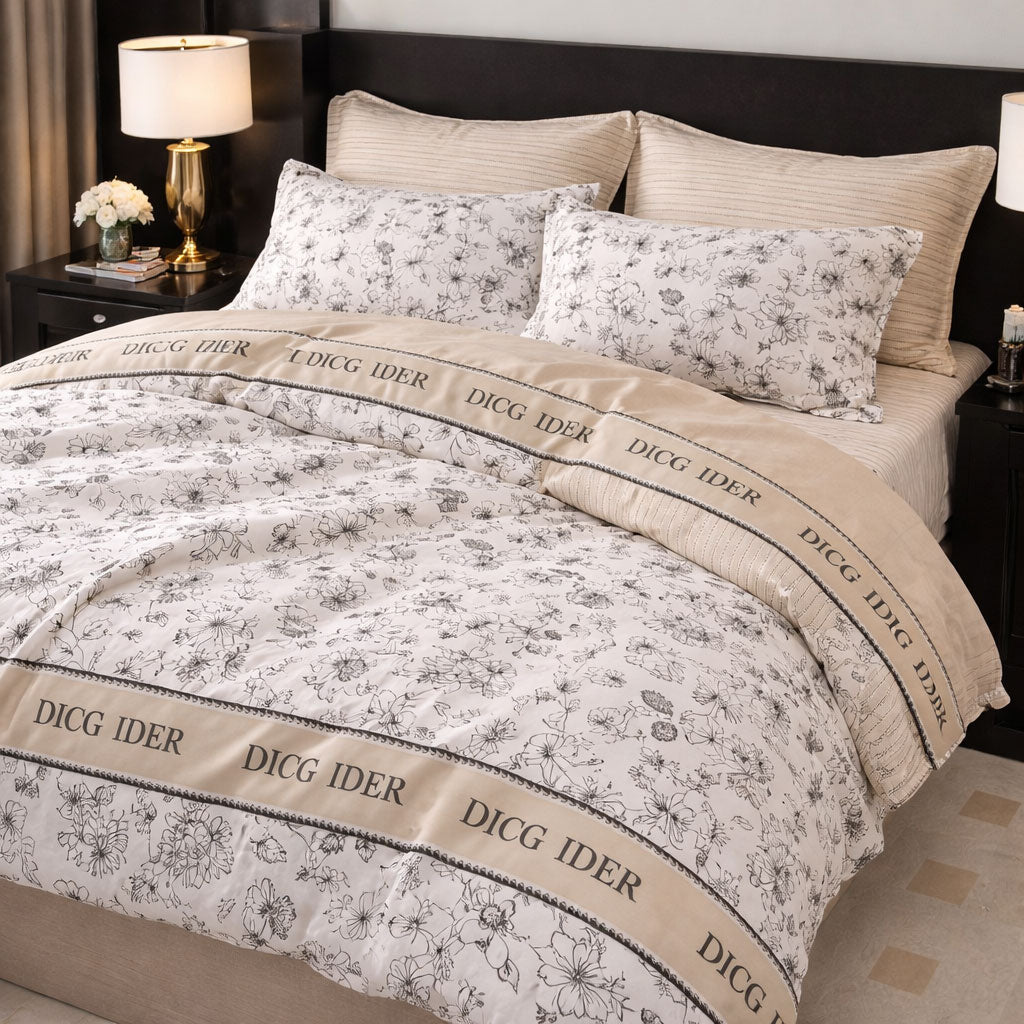 Pościel bawełniana dwustronna biało-czarna kremowa wzór kwiaty i pasy Passo 200x220 3 el. Mil-X10