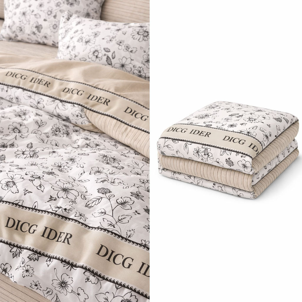 Pościel bawełniana dwustronna biało-czarna kremowa wzór kwiaty i pasy Passo 200x220 3 el. Mil-X10