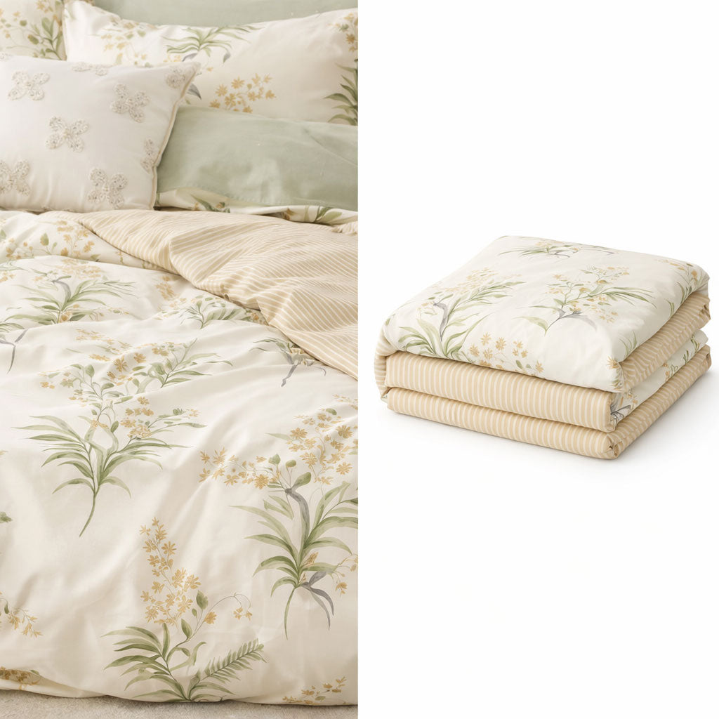Pościel bawełniana zielono-szałwiowo-kremowa dwustronna liście kwiaty pasy Ally 200x220 3 el. Mil-X12