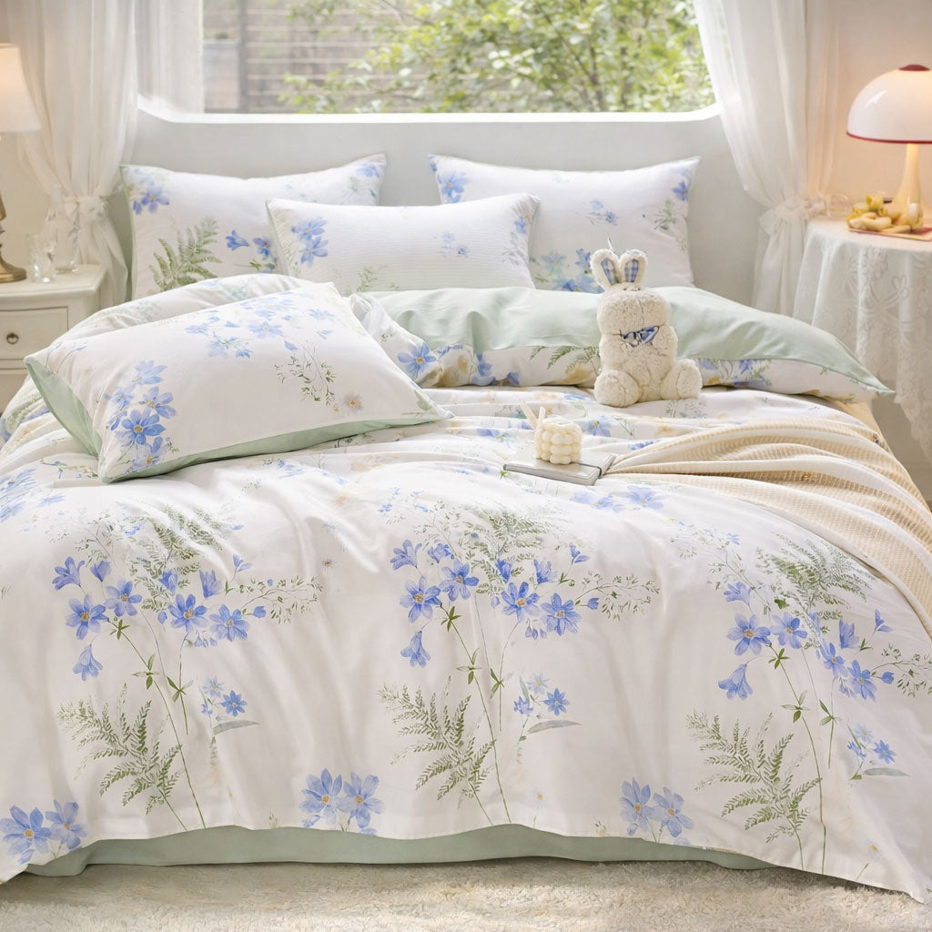 Pościel bawełniana biało-zielona w niebieskie kwiaty Silly 200x220 3 el. Mil-X14