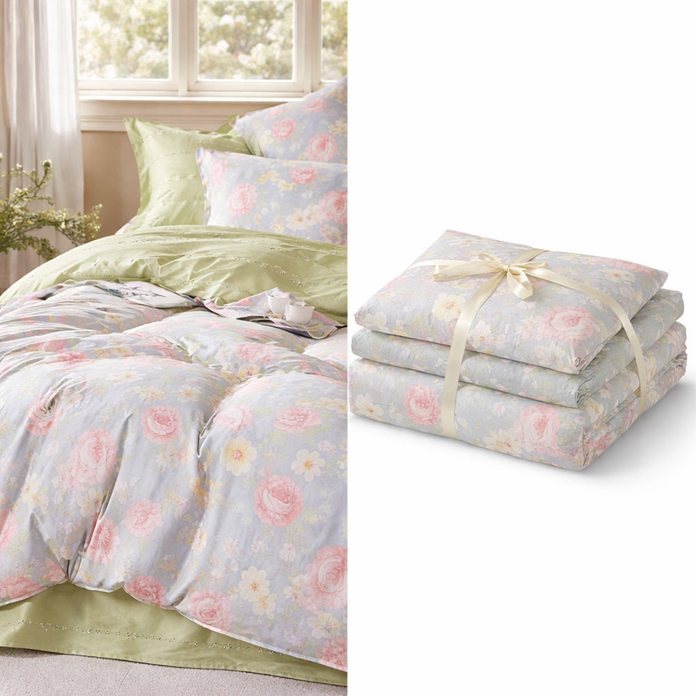 Pościel bawełniana dwustronna niebiesko-zielona kwiaty Illy 160x200 3 el. Mil-X22