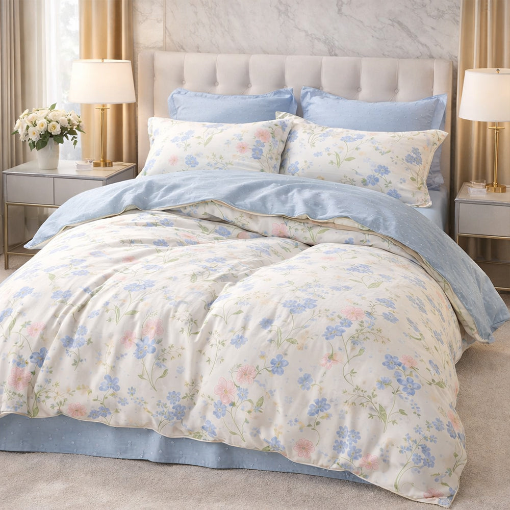 Pościel bawełniana biała w kwiaty dwustronna z niebieskim Gilly 160x200 3 el. Mil X-23