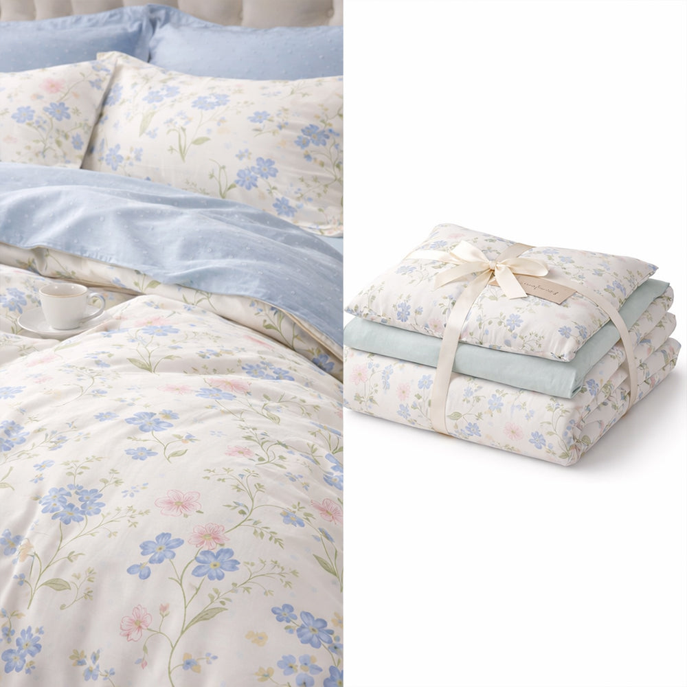 Pościel bawełniana biała w kwiaty dwustronna z niebieskim Gilly 160x200 3 el. Mil X-23