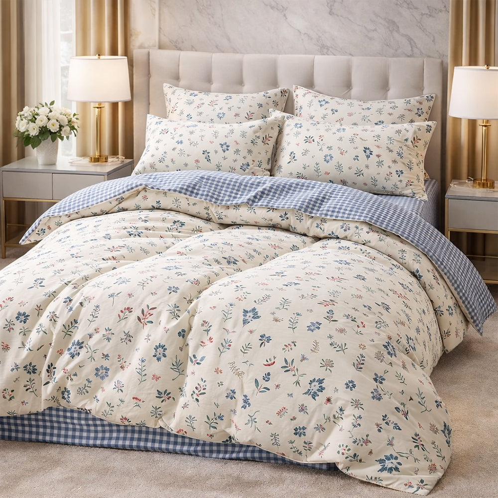 Pościel bawełniana w kwiaty dwustronna kwiaty i krata Timon 160x200 3 el. Mil-X24