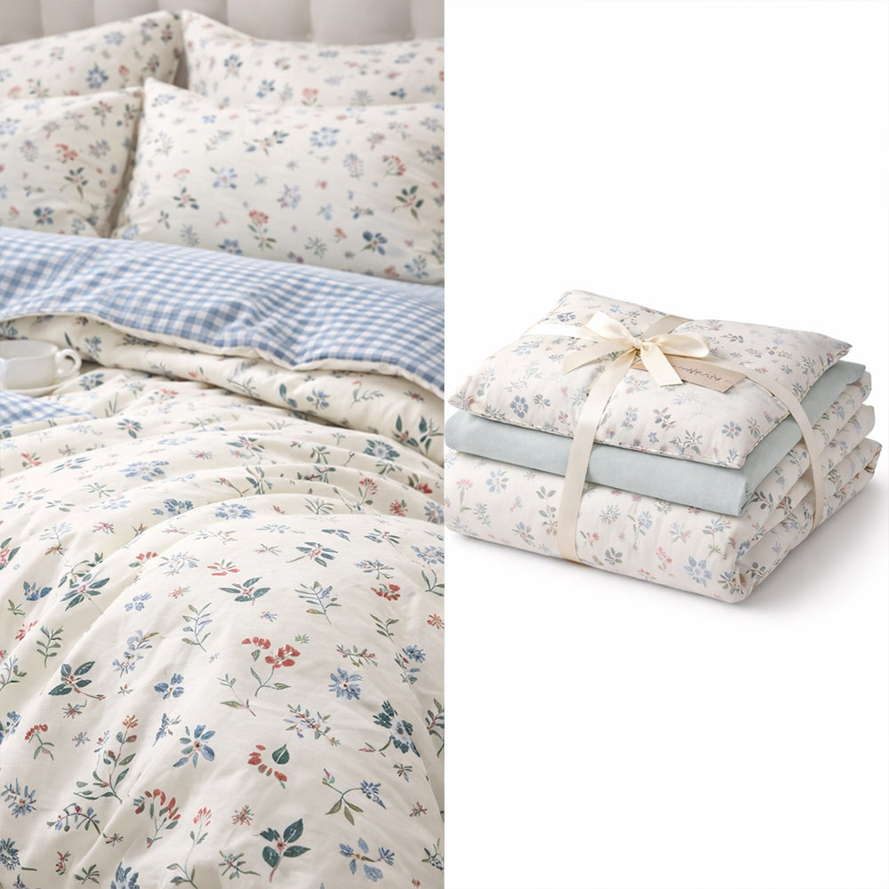 Pościel bawełniana w kwiaty dwustronna kwiaty i krata Timon 160x200 3 el. Mil-X24