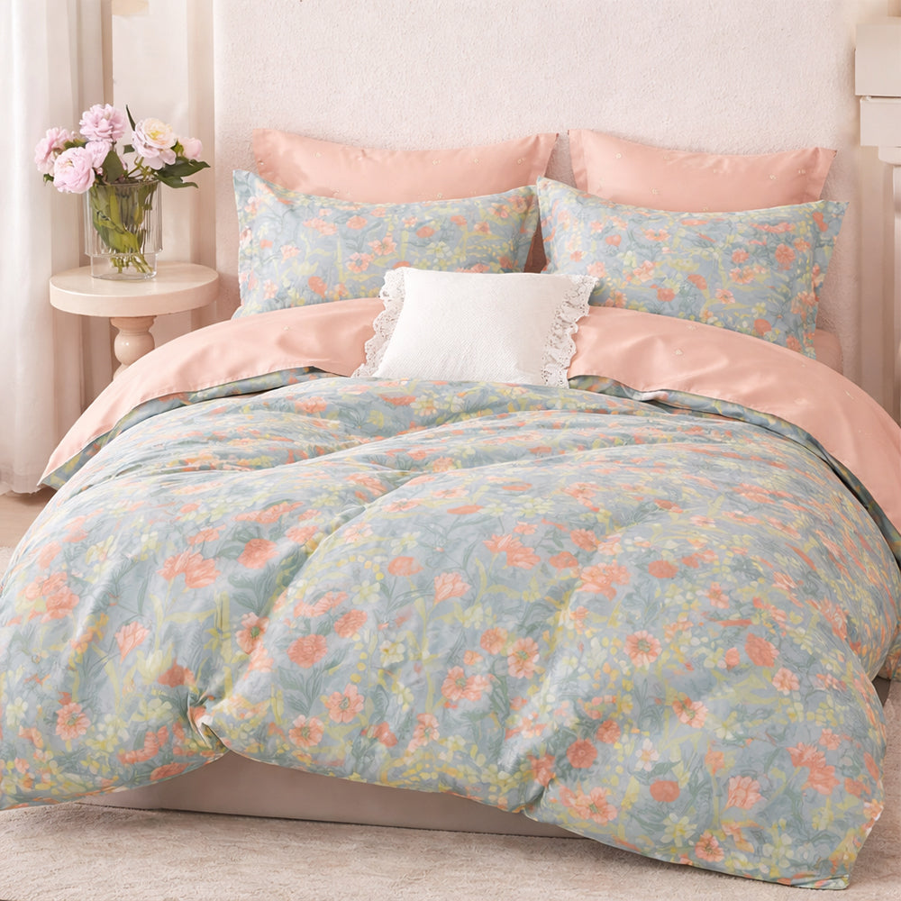 Pościel bawełniana dwustronna pomarańczowo-niebieska w kwiaty Riley 160x200 3 el. MilX-25