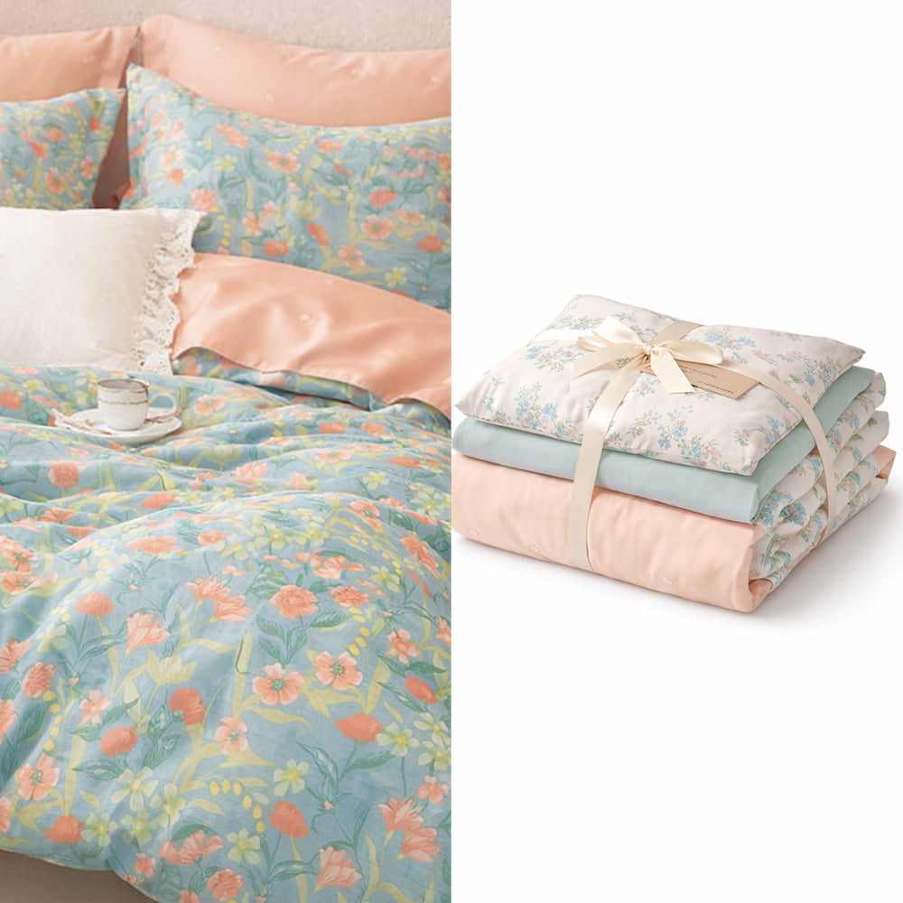 Pościel bawełniana dwustronna pomarańczowo-niebieska w kwiaty Riley 160x200 3 el. MilX-25