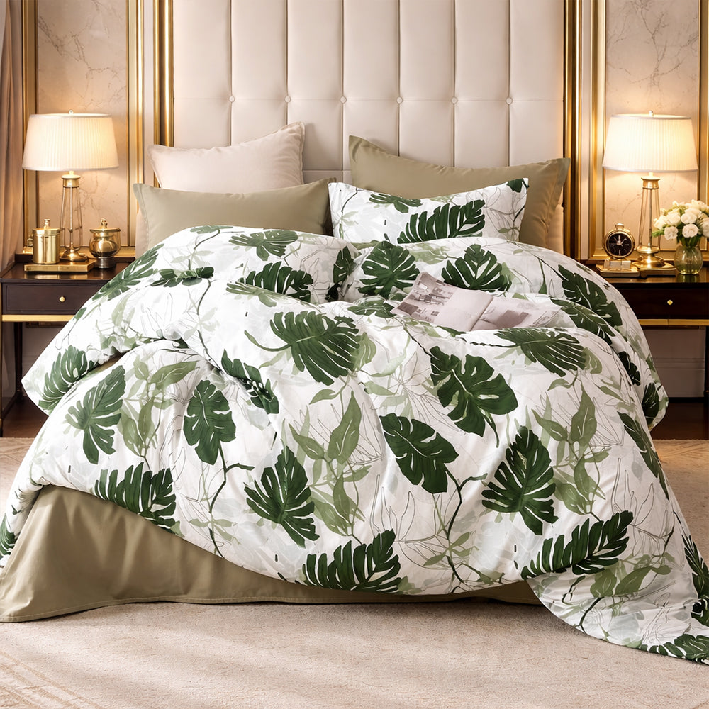 Pościel bawełniana biała zielona Monstera 200x220 3 el. Mil-X28