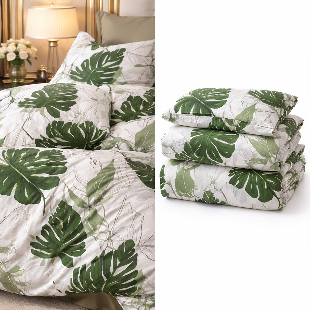 Pościel bawełniana biała zielona Monstera 200x220 3 el. Mil-X28